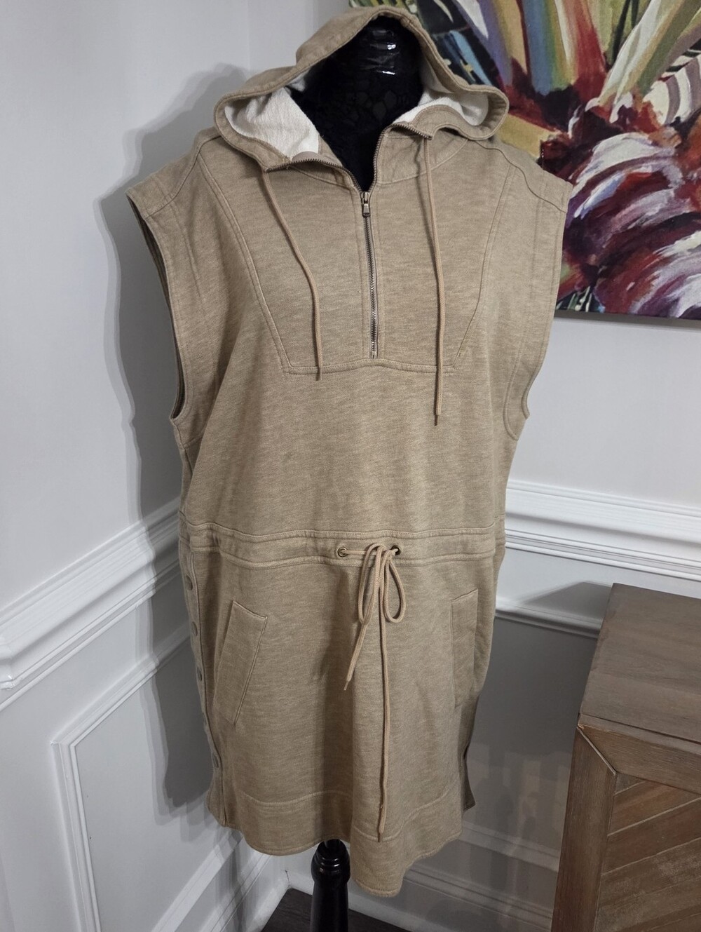 Marc by Marc Jacobs Sleeveless Hoodie Sweatshirt Dress Tan Beige Snap Sides M/L